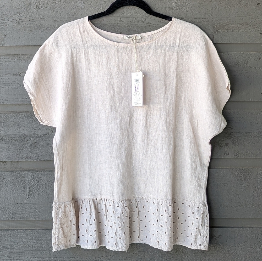 NWT Spazio Chic Cream Beige 100% Linen Peplum Blouse Small Boxy Lagenlook